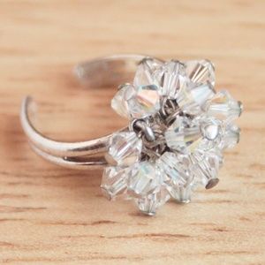 925 Sterling Silver Clear Iridescent Bead Cluster Fringe Bohemian Ring Size 4.5